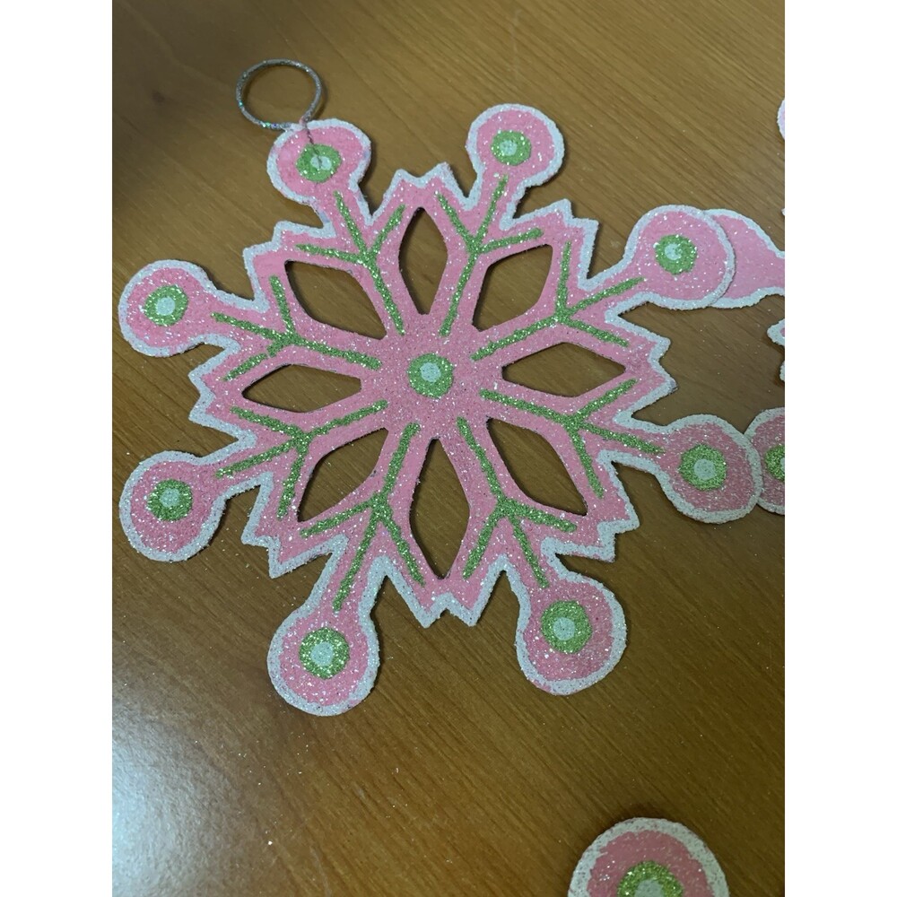 Set Of 4 Snowflakes Pink & Green W/ Glitter - Picture 3 of 3